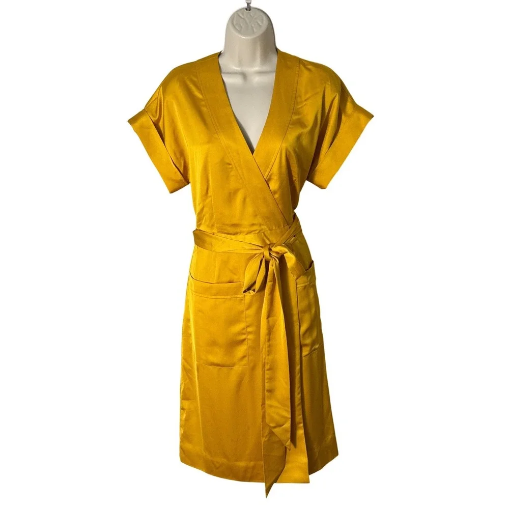 J. Crew Short Sleeve Wrap Dress in Satin Crepe Gold V Neck Front Pocket Size S